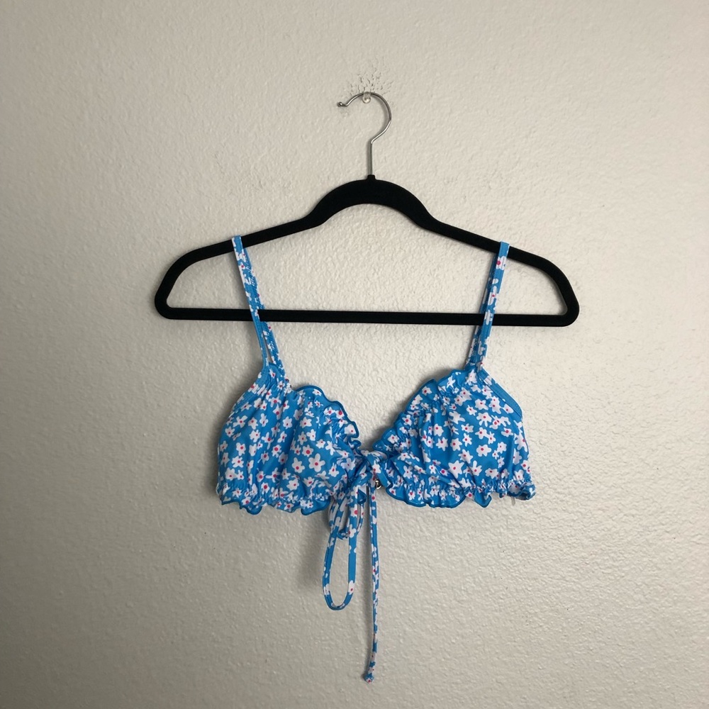 Blue and white floral ruffle front tie bikini top
